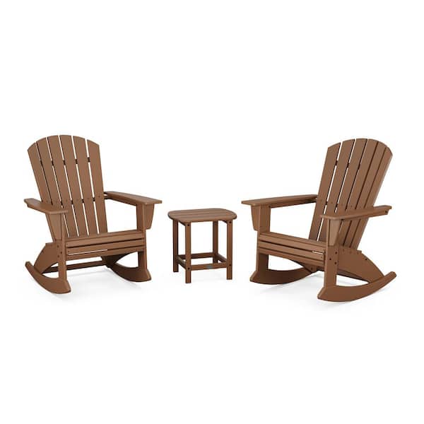 3-Piece Nautical Curveback Adirondack Rocking Chair Teak HDPE Plastic Patio Conversation Set