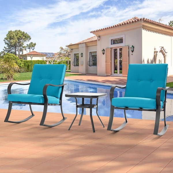 JOYESERY 3-Piece Steel Frame Patio Bistro Set Rocking Chair with Lake Blue Cushions and Tempered Glass Table