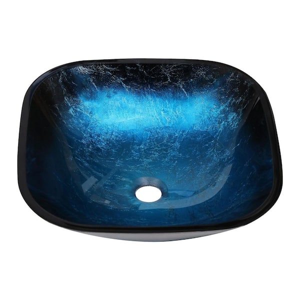 16.77 in. Artistic Tempered Glass Vessel Bathroom Sink in Blue with Faucet and Pop-Up Drain