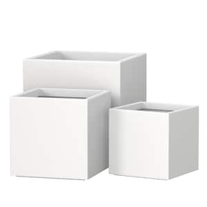 Modern 10 in., 12 in., 16 in. H Large Tall Crisp White Concrete Elongated Square Outdoor Planter Plant Pots (Set of 3)