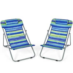 2-Piece Steel Folding Portable Blue and Green Stripe Beach Chair with Headrest