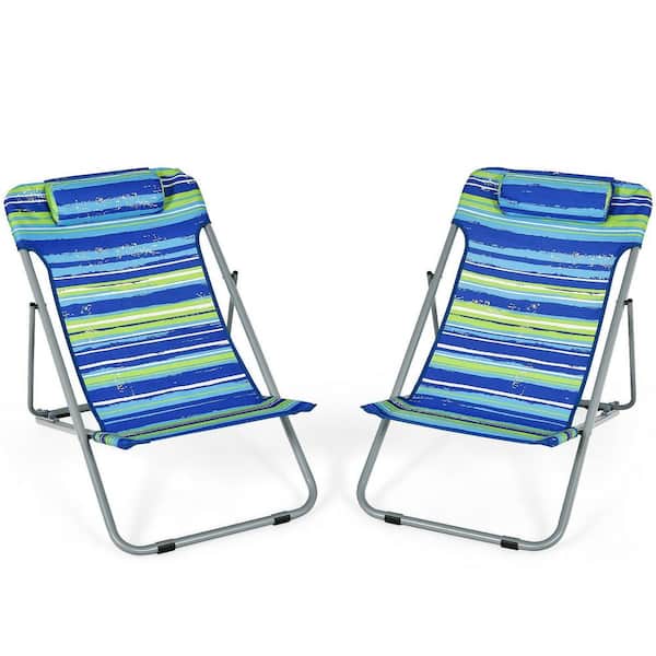 ANGELES HOME 2-Piece Steel Folding Portable Blue and Green Stripe Beach Chair with Headrest