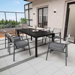 Elowen 7pc Outdoor Patio Dining Set, Aluminum, Woven Rope, Black + Grey