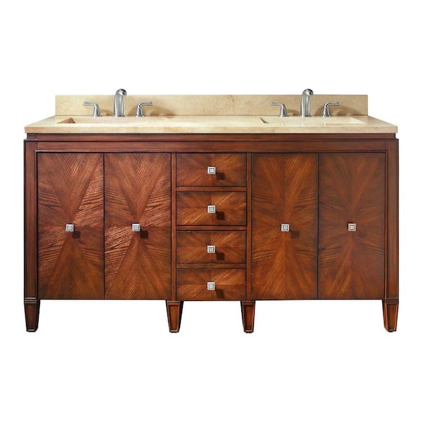 Avanity Brentwood 61 in. W x 22 in. D x 35 in. H Vanity in New Walnut with Marble Vanity Top in Galala Beige and White Basins