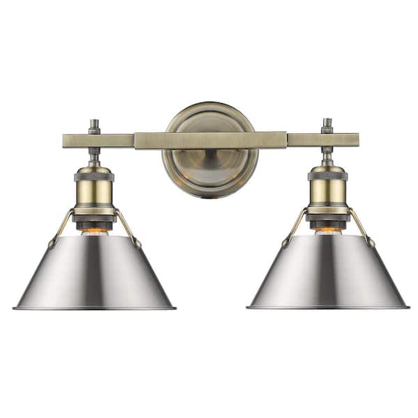 Golden Lighting Orwell 4.875 in. 2-Light Aged Brass Vanity Light with Pewter Shade