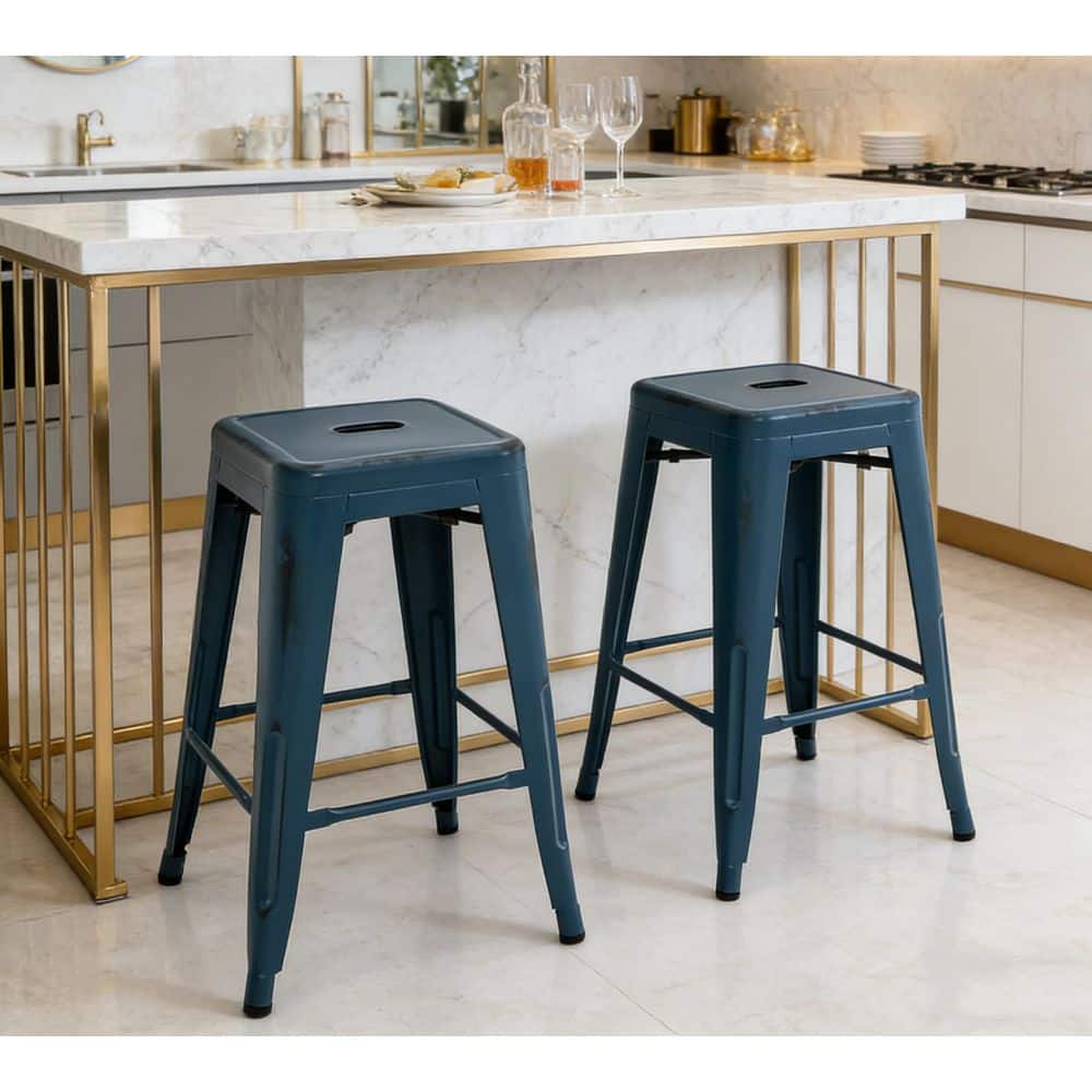 MFD LIVING Bar Stools 24 in. H Distressed Deep Blue Backless Metal