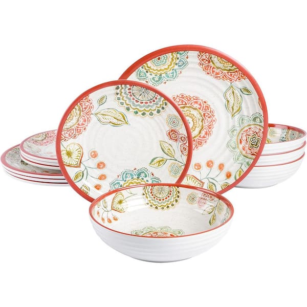 Laurie Gates Brick Floral Ripple 12-Piece Red Melamine Dinnerware Set