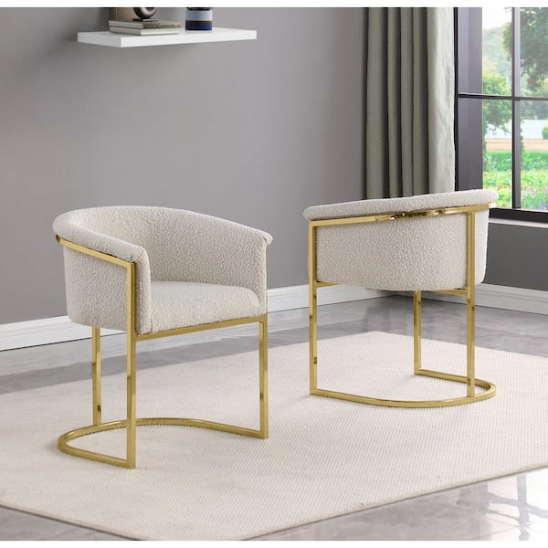 Best Quality Furniture Luke Cream Boucle Fabric Dining Chair Set of 2 with Floor Adjuster Gold Chrome Base