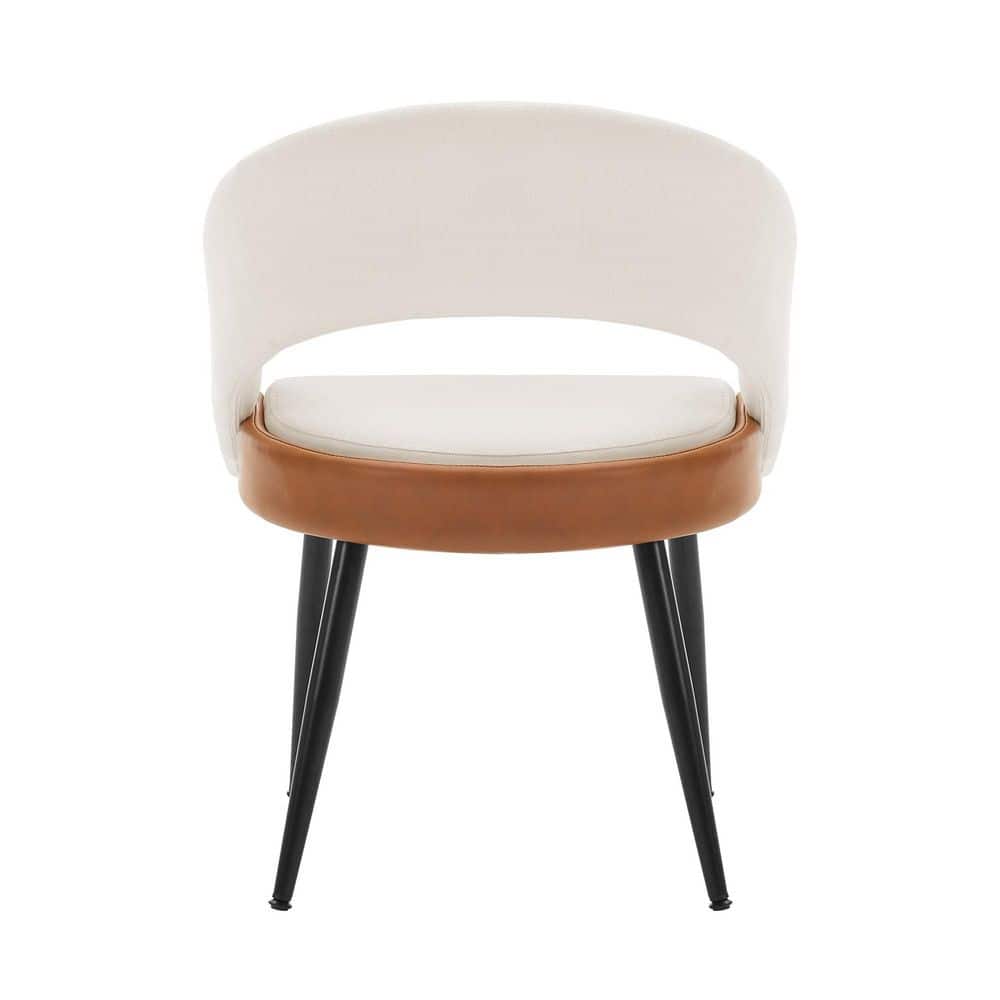 A beige fabric and brown faux leather dining chair shown from the back.