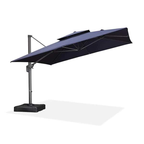 PURPLE LEAF 12 ft. Square 2-Tier Aluminum Cantilever 360° Rotation Patio Umbrella with Base in Ground, Navy Blue