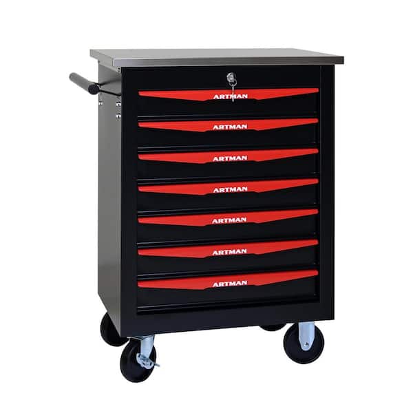 13.58 in. W 7 Drawer Rolling Metal Tool Carts Storage with Lock, Stainless Steel Roof and Push Rod
