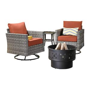 Hanes Gray 4-Piece Wicker Patio Fire Pit Swivel Seating Set with CushionGuard Orange Red Cushions