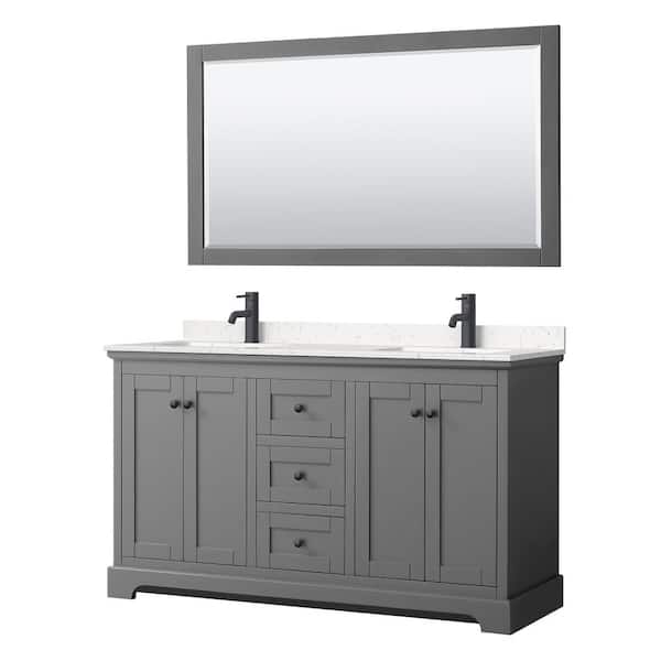 Wyndham Collection Avery 60 in. W x 22 in. D x 35 in. H Double Bath Vanity in Dark Gray with Carrara Cultured Marble Top and 58 in. Mirror