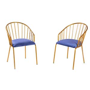 Modern Blue Velvet Fabric Upholstered Accent Arm Chair with Gold Metal Legs (Set of 2)