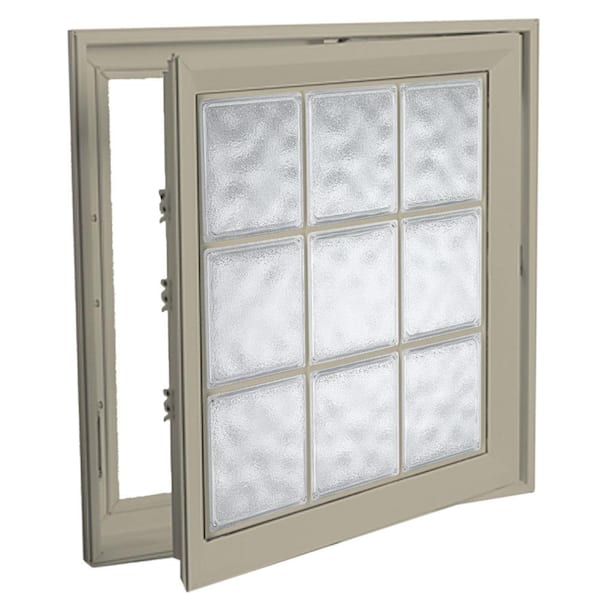 Hy-Lite 21 in. x 21 in. Right-Hand Acrylic Block Casement Vinyl Window with Tan Interior and Exterior - Glacier Block