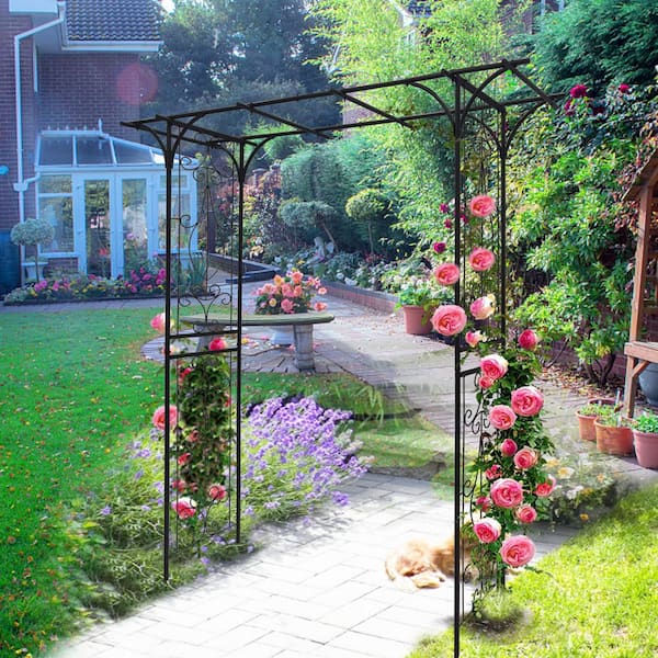 80.3 x 81.1 in. Garden Trellis, Metal Garden Arch, Climbing Plants Support Rose Arch, Black