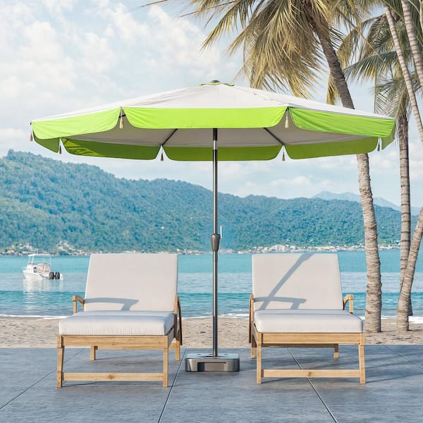 10 ft. Outdoor Market Umbrella with Fringe, Large Patio Umbrella for Poolside, Deck, Garden in White and Green