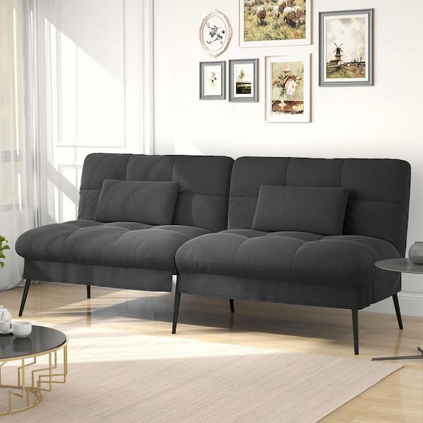 ComHoma Black Fabric Futon Couch with Adjustable Backrest Convertible Futon Sofa Bed with Metal Legs Convertible Sofa Bed