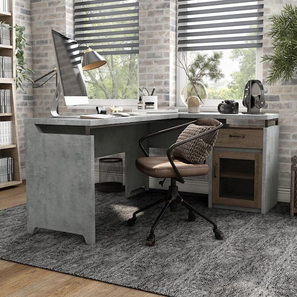 Darande 62.8 in. L-Shape Faux Cement Composite 1-Drawer Writing Desk with Storage