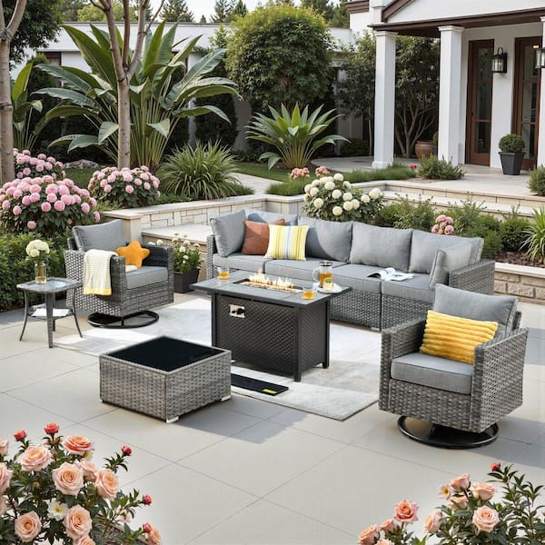 Sanibel Gray 9-Piece Wicker Outdoor Patio Conversation Sofa Sectional Set with a Metal Fire Pit and Dark Gray Cushions