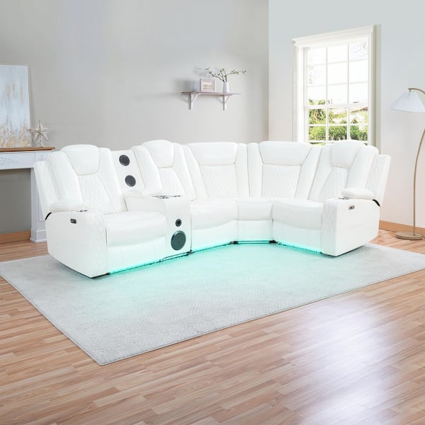 110.63 in. Theater-Style Air Leather Reclining Sectional Sofa with Adjustable Headrests-5-Seater in White