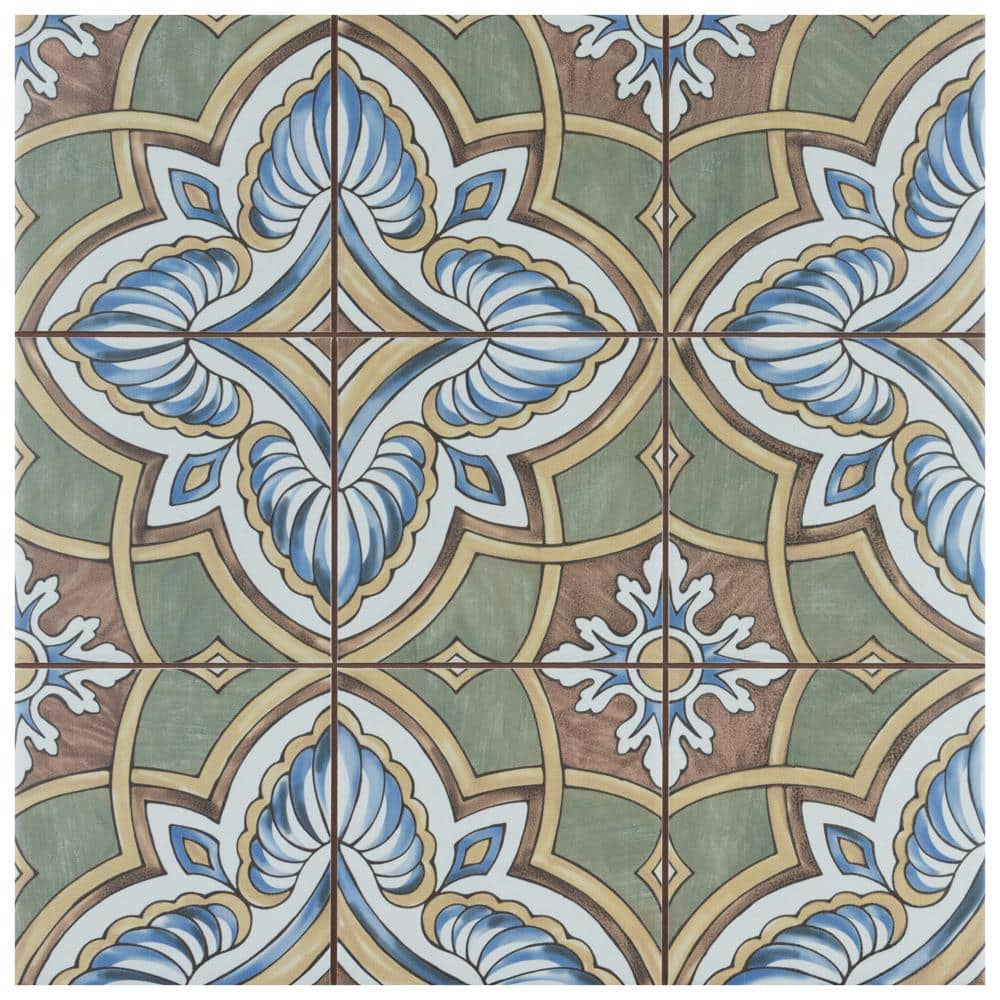 Harmonia 13" x 13" Green and Blue Ceramic Patterned Tile