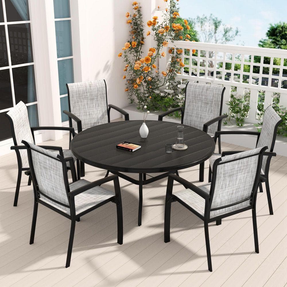 7-Piece Black Metal Round Outdoor Dining Set with Table and 6 Stackable ...
