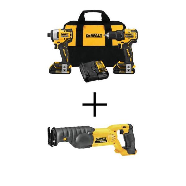 DEWALT ATOMIC 20V MAX Brushless Cordless Compact Drill/Impact 2 Tool Combo Kit, Recip Saw, (2) 1.3Ah Batteries, Charger and Bag
