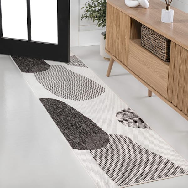 Zia Modern Geometric Organic Shapes Cream/Black 2 ft. x 8 ft. Indoor/Outdoor Runner Rug