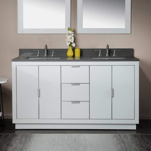 WOODBRIDGE Venice 61 in. W x 22 in. D x 38 in. H Bath Vanity in White with Engineered Stone Vanity Top in Dark Gray with White Sink