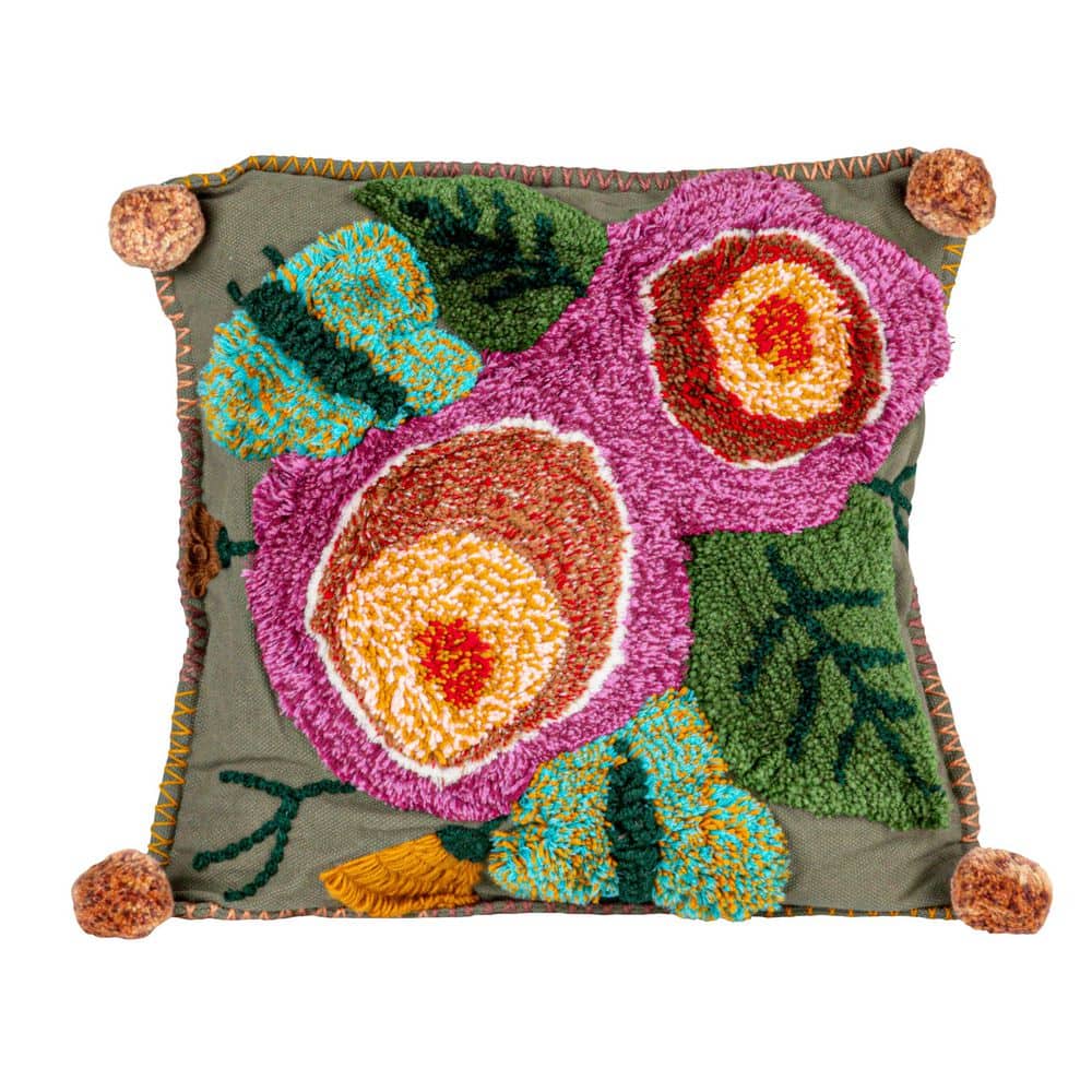 Embroidered Multicolor Floral Cotton Square Throw Pillows Set