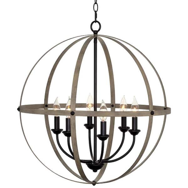 Kira Home Harmon 60-Watt 6-Light Black Modern Chandelier with Smoked Birch Shade, No Bulb Included