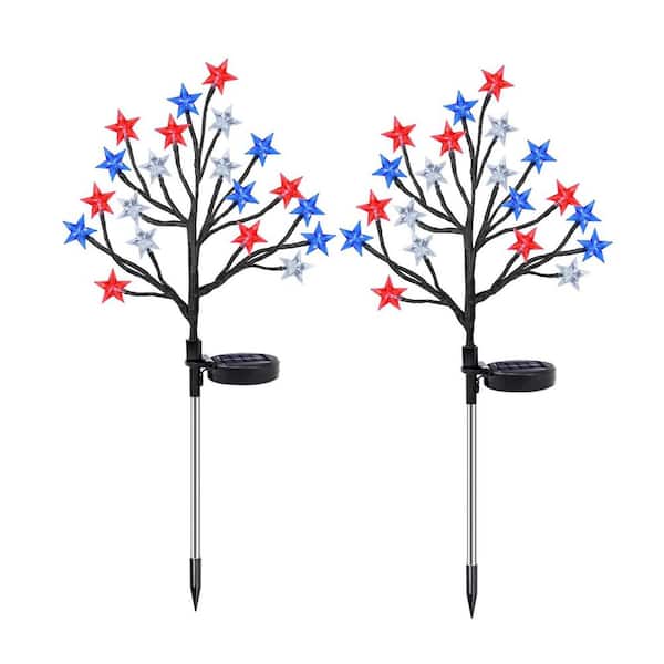 12.59 in Fourth of July Red White Blue Solar Star Tree Lights Decorations Waterproof, Patriotic Decorations, (2-Pack)