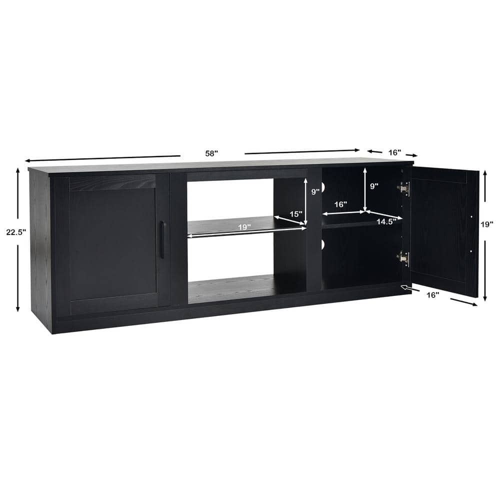 Black Engineered Wood TV Stand with Cabinets and Fireplace Option