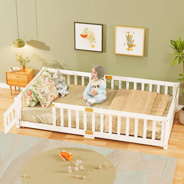 White Twin Size Kids Floor Bed Cushion Floor Bed Frames for Kids Montessori Floor Bed with Rails and Safety Guardrails