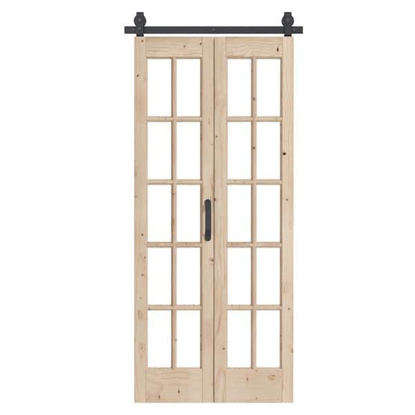 30 in. x 84 in. 1-Lite Pre Assembled Clear Glass Solid Core Wood Brown Bi-Fold Door with Hardware