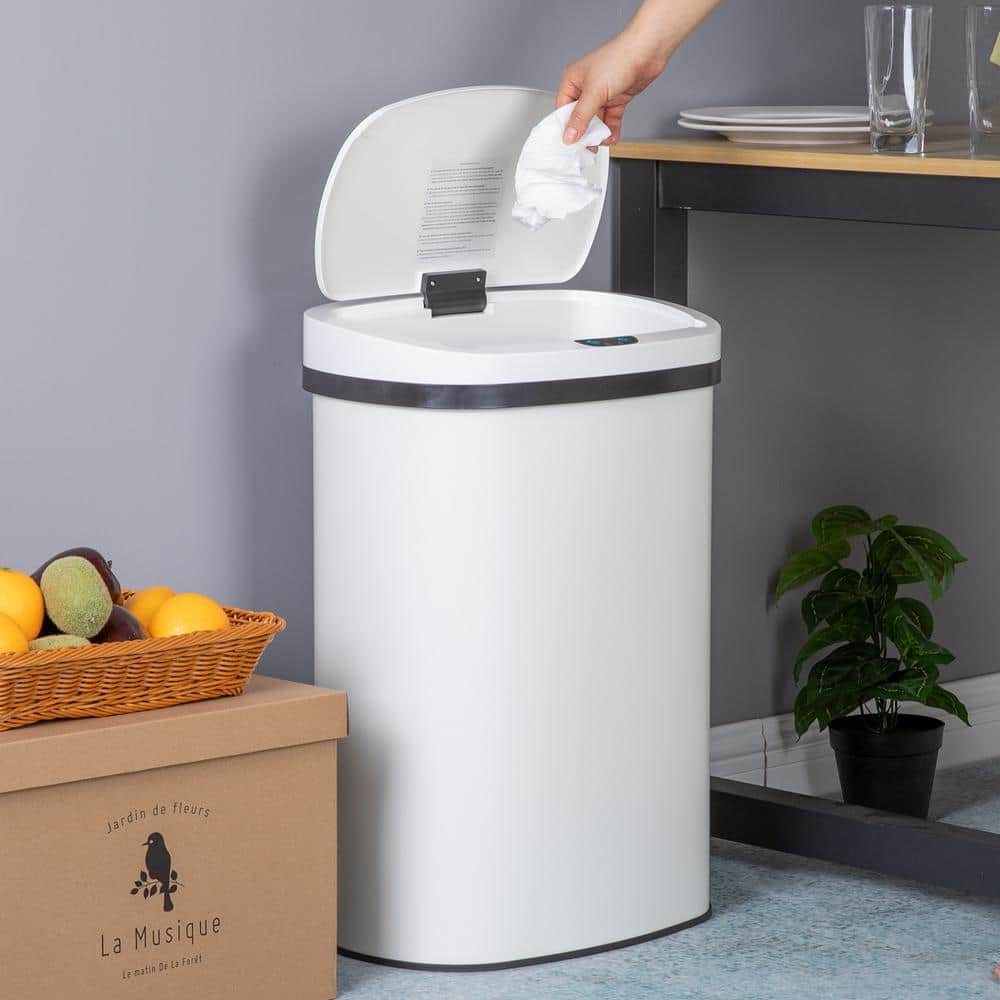 White Stainless Steel Touchless Motion Sensor Trash Can - 13 Gallon