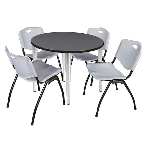 Regency Trueno 42 in. Round Grey and Chrome Wood Breakroom Table and 4-Grey 'M' Stack Chairs (Seats-4)