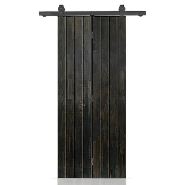 34 in. x 84 in. Hollow Core Charcoal Black Stained Wood Pine Bi-Fold Door with Sliding Hardware Kit