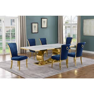 Ibraim 7-Piece Rectangle White Marble Top Gold Stainless Steel Dining Set with 6 Navy Blue Velvet Gold Iron Leg Chairs