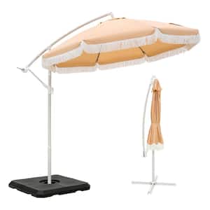 9 ft. Metal Cantilever Solar Patio Umbrella in Beige With Fringe Tassel Design and Crossed Base