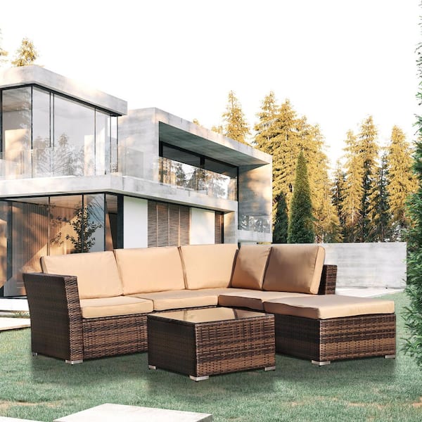 Tunearary 4-Piece Brown PE Wicker Outdoor Sectional Sofa Set with Beige Cushion