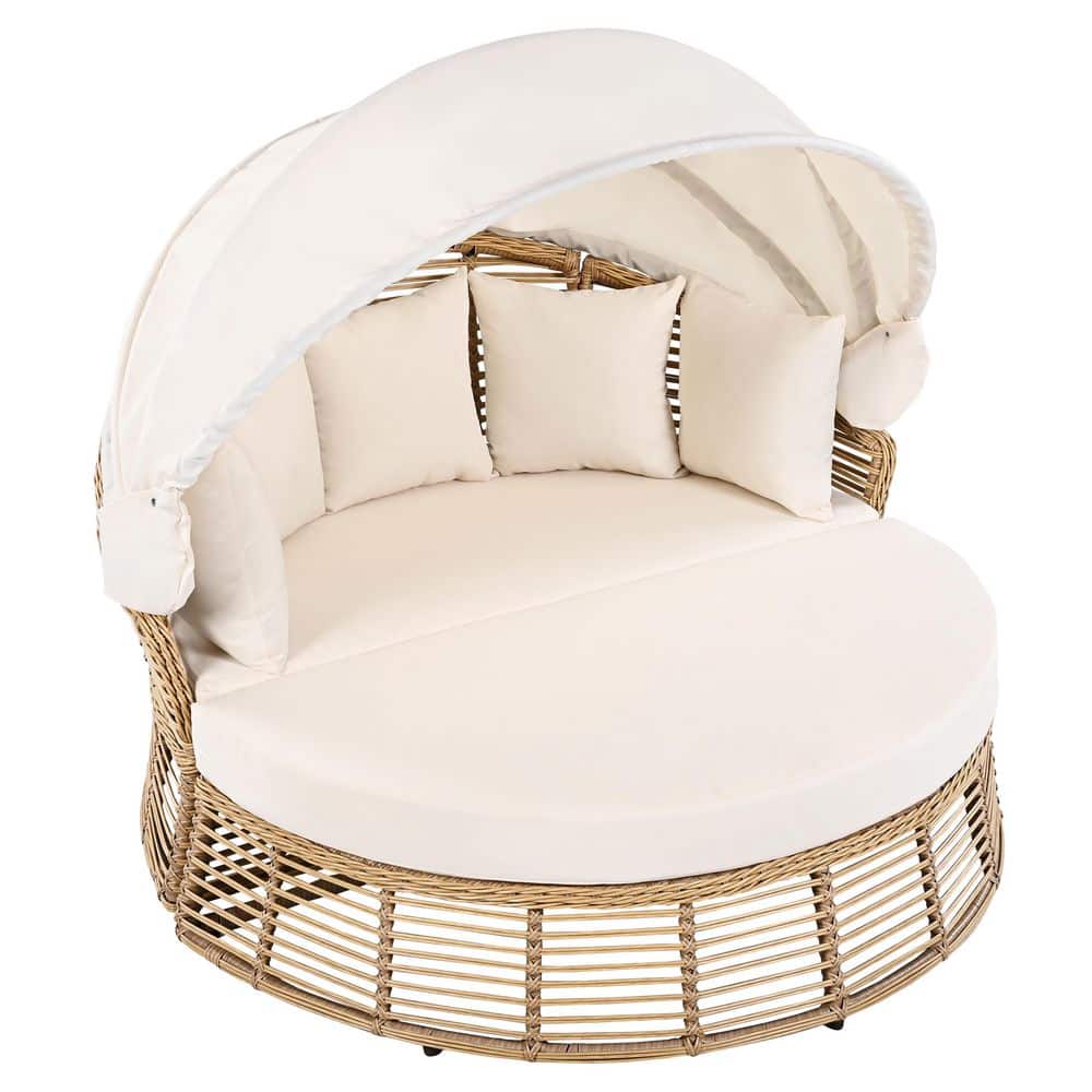 Wicker Outdoor Round Day Bed with Retractable Canopy, Beige Cushions