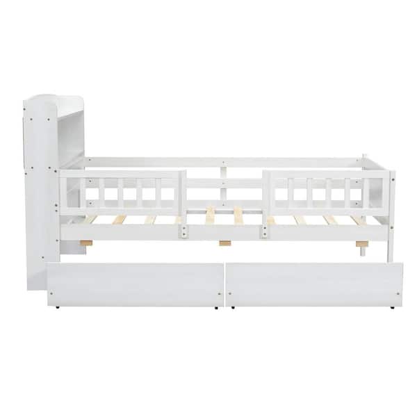 White Wood Frame Twin Size Platform Bed with Built-in LED Light, 2 Drawers, Shelves, Full-Length Guardrail