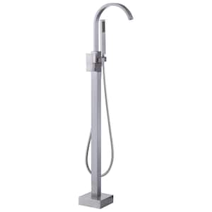 1-Handle Freestanding Floor Mount Tub Faucet Bathtub Filler with Diverter and Hand Shower in Brush Nickel
