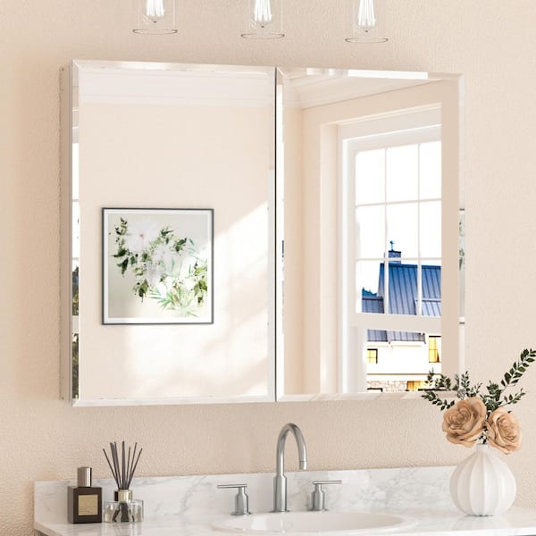 40 in. W x 32 in. H Rectangular Beveled Frameless Metal Silver Surface Mount/Recessed Medicine Cabinet with Mirror