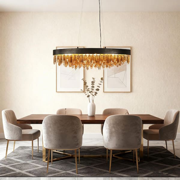 Modern 10-Light Gunmetal Gray Oval Crystal Chandelier for Kitchen Island, Dining Room with Plated Brass Inside Accents