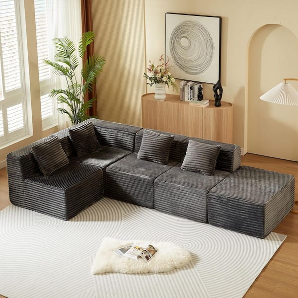 116.9 in. Corduroy Sectional Sofa Couch in. Dark Gray with Deep Seat, L-Shape Compressed Sofa, No Assembly Required