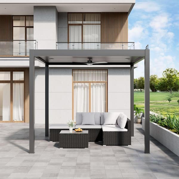 10 ft. x 10 ft. Dark Gray Aluminum Patio Pergola with Built-In Solar Panel, Ceiling Fan and Round LED Light