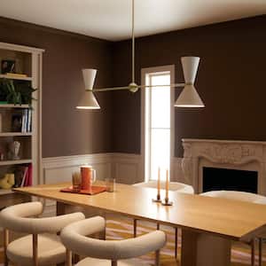 Phix 48 in. 4-Light Champagne Bronze and Greige White Mid-Century Modern Shaded Linear Chandelier for Dining Room